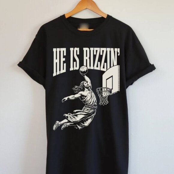 He is Rizzin' T-Shirt, Funny T-Shirt of Jesus Playing Basketball - Picture 1 of 1